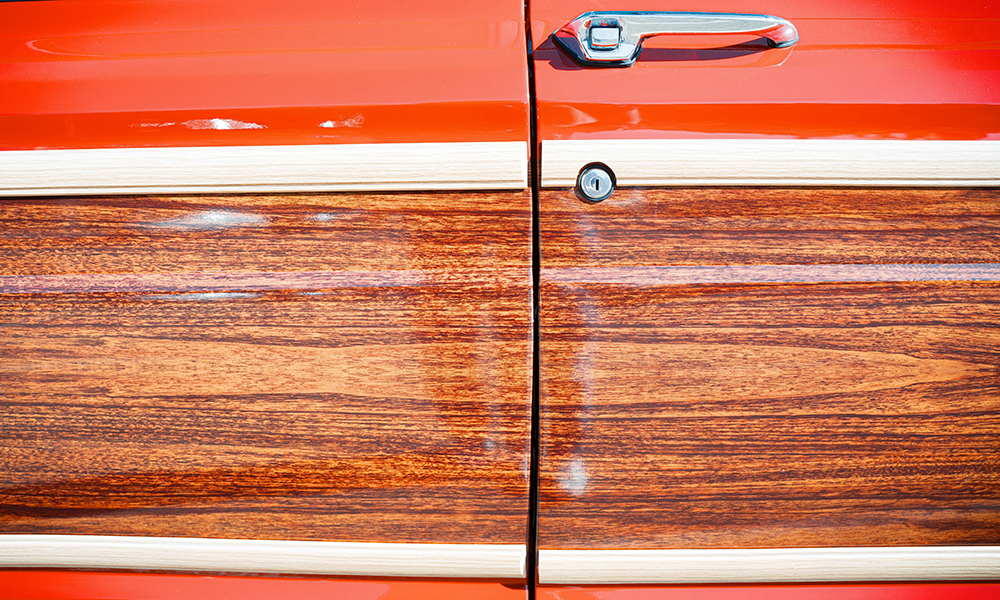 A closeup of the side pannel of the vehicle, which shows why Redwood got its name.