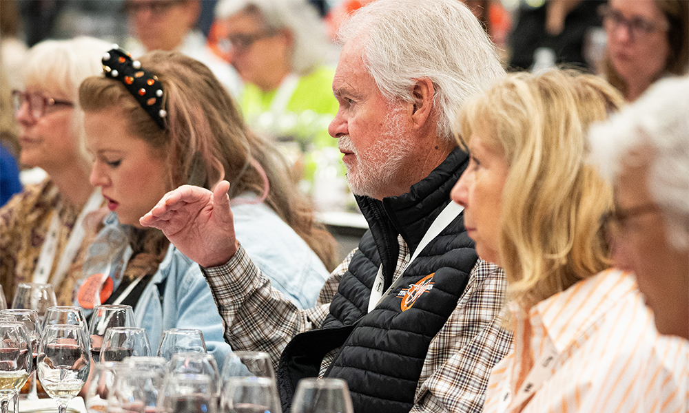 OSU alum Roger Cagle asking a question during a classroom session for the Wine Forum