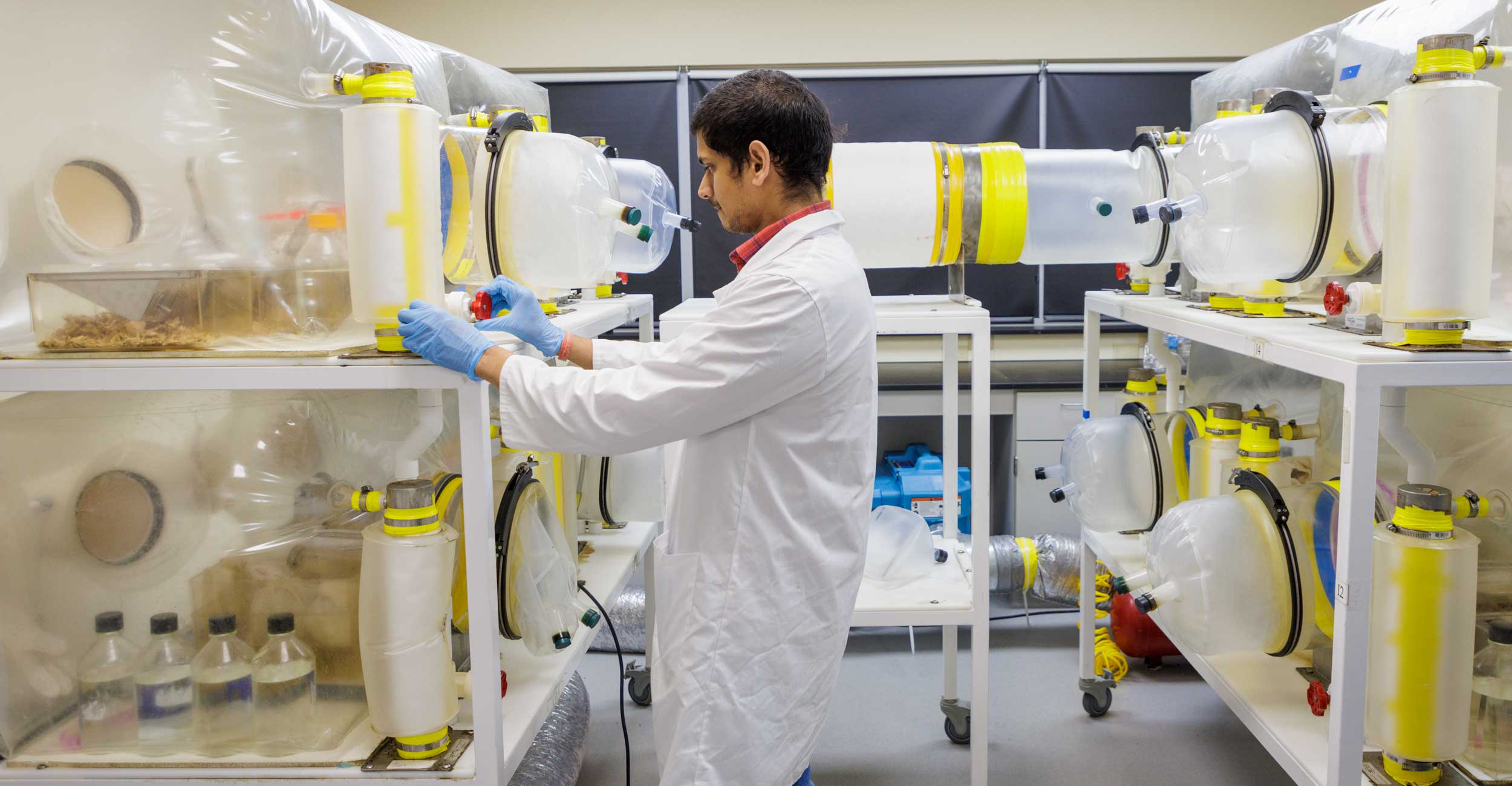 Dr. Joy Scaria works with students in his lab 